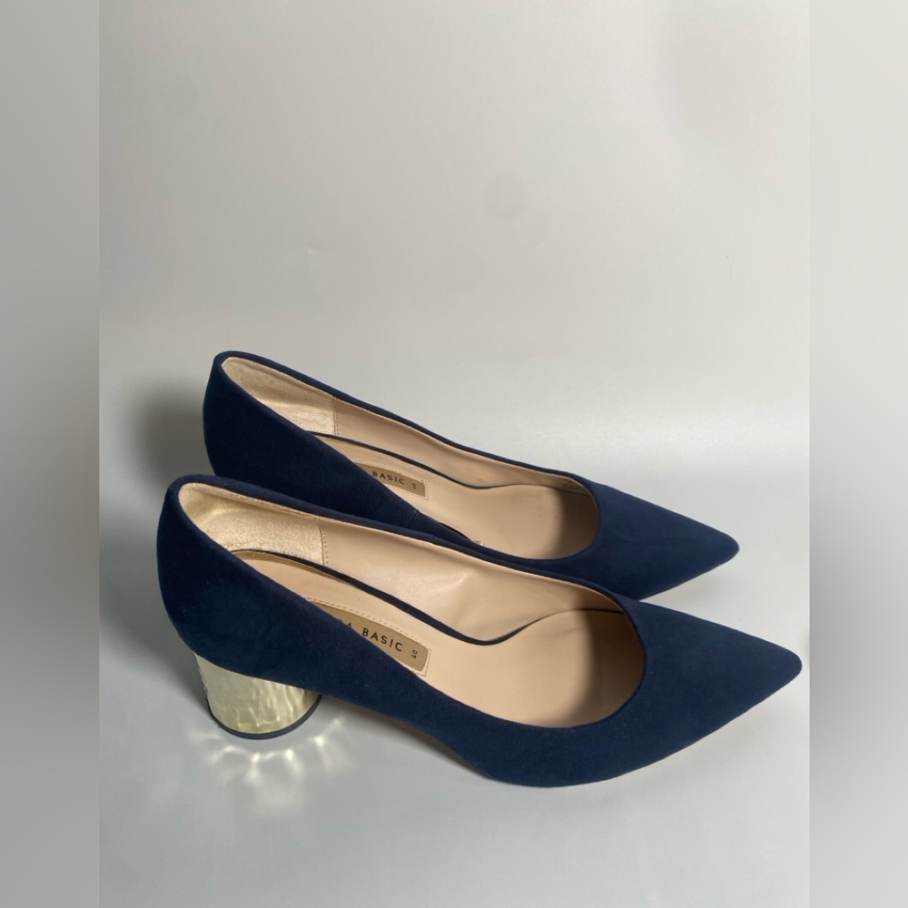 ZARA LAMINATED PUMPS SHOES Block Heel Navy Blue/Gold Heel - Picture 4 of 9